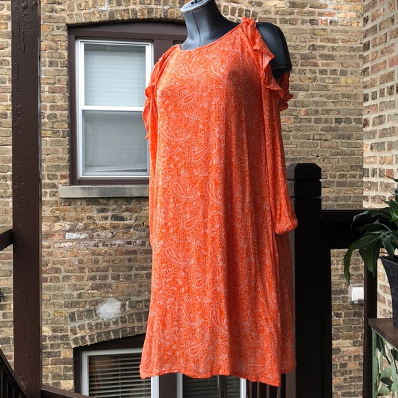 Vintage Orange Paisley Old Navy Ruffle Cold Shoulder Mini Dress Y2K Boho Vibes S - Picture 2 of 13